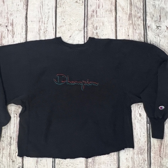 Vintage 80s Champion Reverse Weave Black Stitched Pullover Crop Top Sweatshirt - Picture 4 of 6